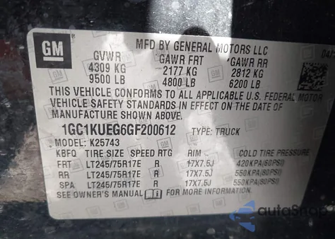 2016 Chevrolet Silverado 2500Hd Wt from USA, damaged, VIN 1GC1KUEG6GF200612